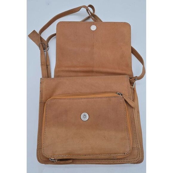 Vintage Tan Leather Crossbody Bag With Adjustable Strap & Multiple Compartments - Picture 3 of 12